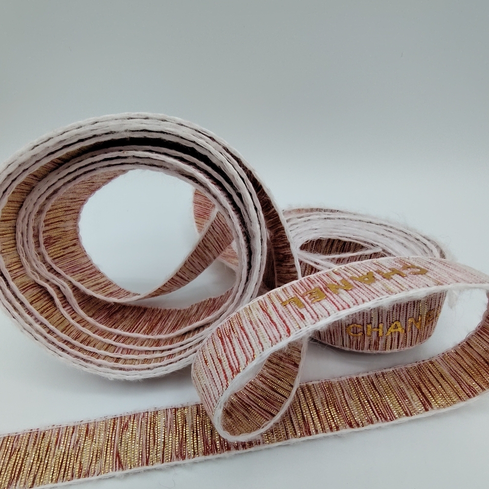 CHANEL Metallic Woven Ribbon Pink Ivory Gold Reversible Two (2) Yards - Picture 2 of 3
